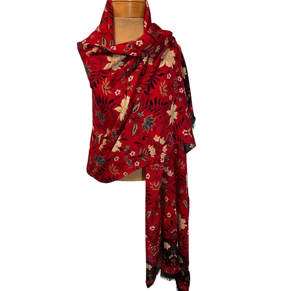 Vintage scarf wrap jewel tone red black floral 76x27 boho goth witchy